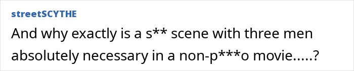 Comment discussing the necessity of a scene with three men in a non-pornographic movie, related to Emilia Clarke injury.