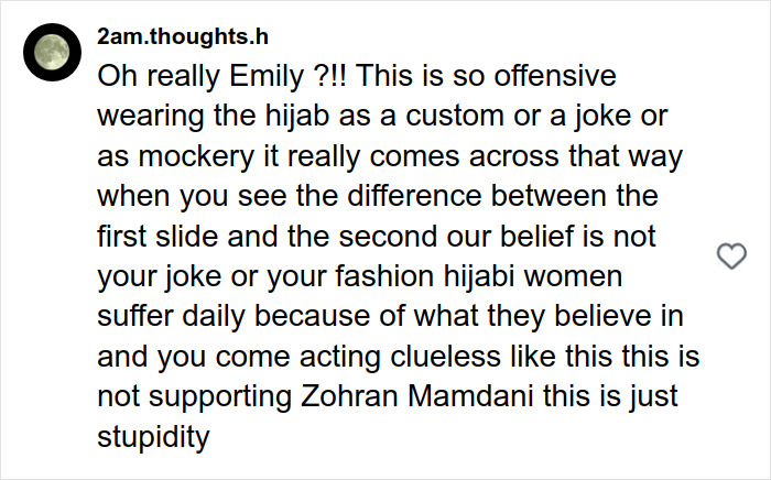 Social media comment accusing Emily Ratajkowski of disrespecting the hijab in a twerking video post.