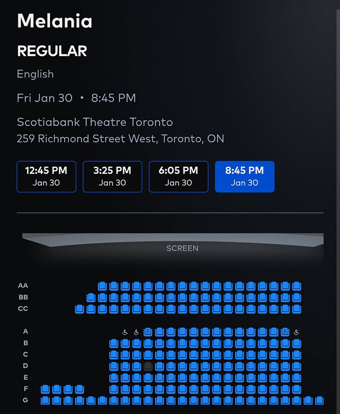 Seating chart for Melania documentary screening at Scotiabank Theatre Toronto on January 30 with multiple showtimes available.