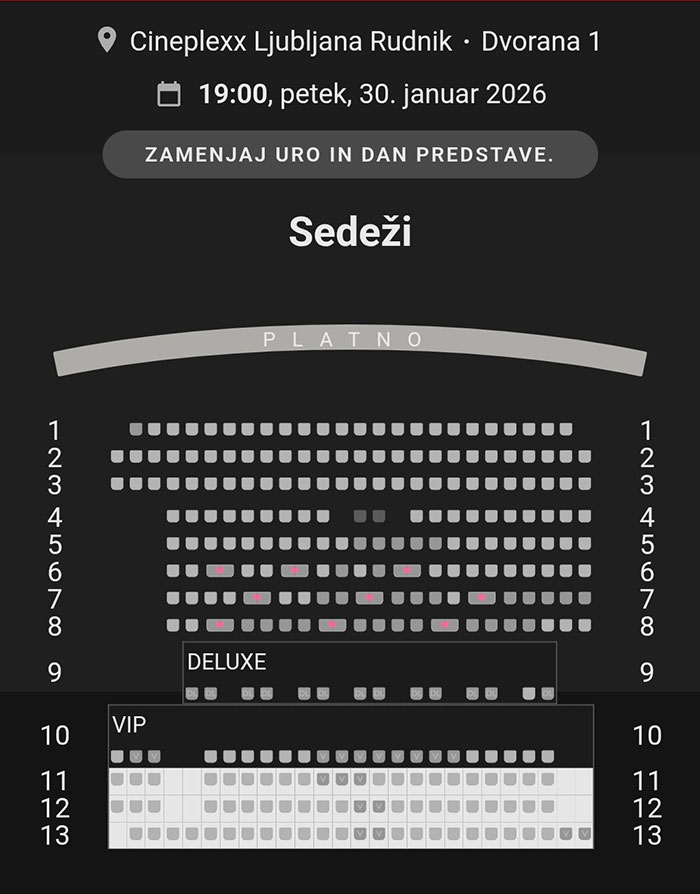Seating chart at Cineplexx Ljubljana Rudnik showing available and booked seats for Melania Trump's new documentary screening.