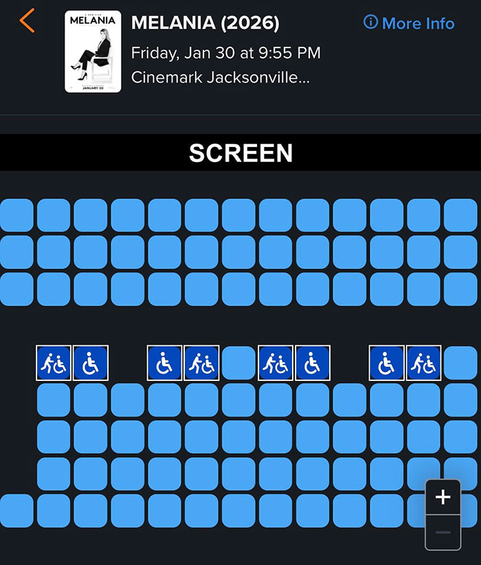 Movie ticket seating chart showing high demand for Melania documentary screening with most seats reserved and few accessible options.