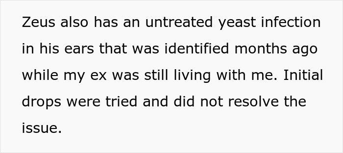 Text excerpt about untreatable yeast infection in dog’s ears, woman struggles with ex’s dog health issue. Text excerpt about untreatable yeast infection in dog’s ears, woman struggles with ex’s dog health issue.
