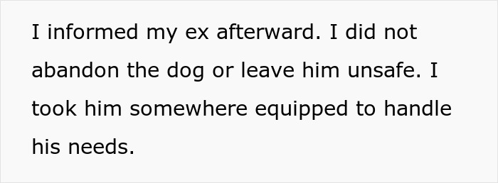 Text excerpt about a woman handling her ex’s dog with care despite threats to take the dog to a shelter. Text excerpt about a woman handling her ex’s dog with care despite threats to take the dog to a shelter.
