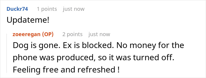 Screenshot of online chat where woman says dog is gone and ex is blocked after threatening to take dog to shelter. Screenshot of online chat where woman says dog is gone and ex is blocked after threatening to take dog to shelter.
