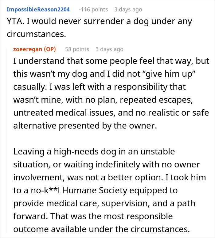Reddit discussion showing a woman explaining why she took ex’s dog to a shelter amid medical issues and no owner support. Reddit discussion showing a woman explaining why she took ex’s dog to a shelter amid medical issues and no owner support.