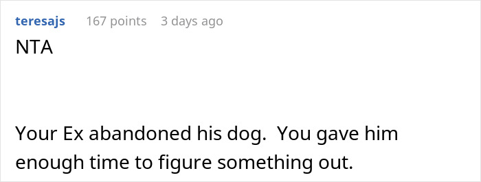Reddit comment discussing a woman unable to handle her ex’s dog and threatening to take it to a shelter. Reddit comment discussing a woman unable to handle her ex’s dog and threatening to take it to a shelter.