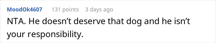 Screenshot of a Reddit comment where a user states the man doesn’t deserve the dog and it’s not the woman’s responsibility. Screenshot of a Reddit comment where a user states the man doesn’t deserve the dog and it’s not the woman’s responsibility.