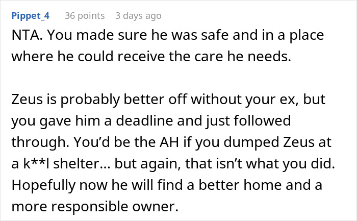 Comment explaining woman can’t handle ex’s dog and threatens shelter, while he remains unresponsive in discussion thread. Comment explaining woman can’t handle ex’s dog and threatens shelter, while he remains unresponsive in discussion thread.