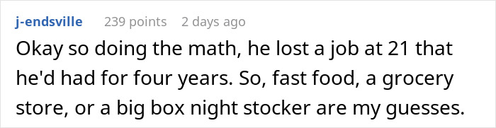 Comment discussing job loss and possible new jobs like fast food or grocery stocker after age 21 in online forum. Comment discussing job loss and possible new jobs like fast food or grocery stocker after age 21 in online forum.