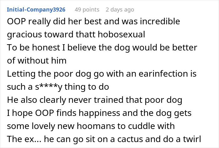 Screenshot of a Reddit comment discussing a woman struggling with her ex’s dog and concerns about the dog’s well-being. Screenshot of a Reddit comment discussing a woman struggling with her ex’s dog and concerns about the dog’s well-being.