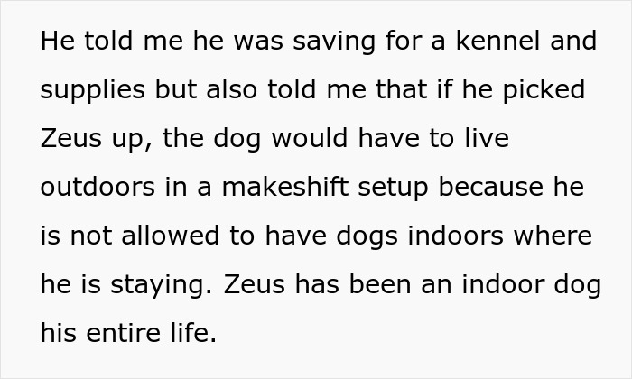 Text describing a woman unable to handle her ex’s dog, detailing concerns about the dog living outdoors in a makeshift setup. Text describing a woman unable to handle her ex’s dog, detailing concerns about the dog living outdoors in a makeshift setup.