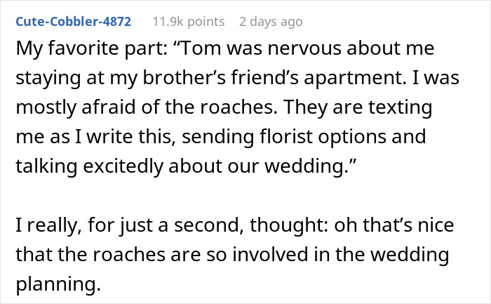 Text message conversation about wedding planning, humorously mentioning roaches involved, relating to woman discovers engagement shock.