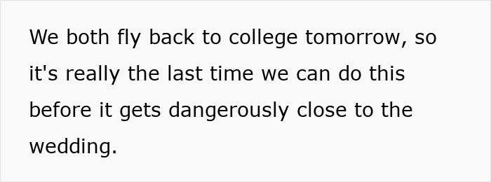 Text on screen showing a woman reflecting on her last moments before flying back to college prior to a wedding.