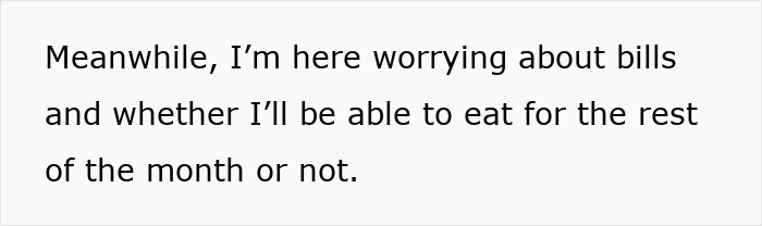 Text on a white background stating a woman worrying about bills and if she can afford food for the rest of the month at 55.