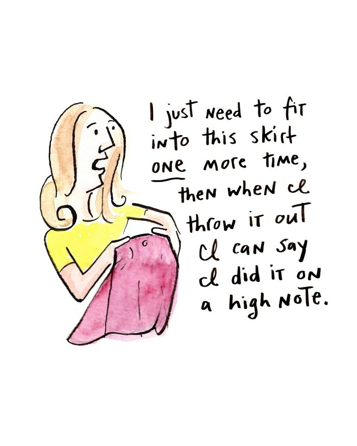 Comic illustration by Dana Jeri Maier showing a woman humorously trying to fit into a skirt, highlighting modern life humor.