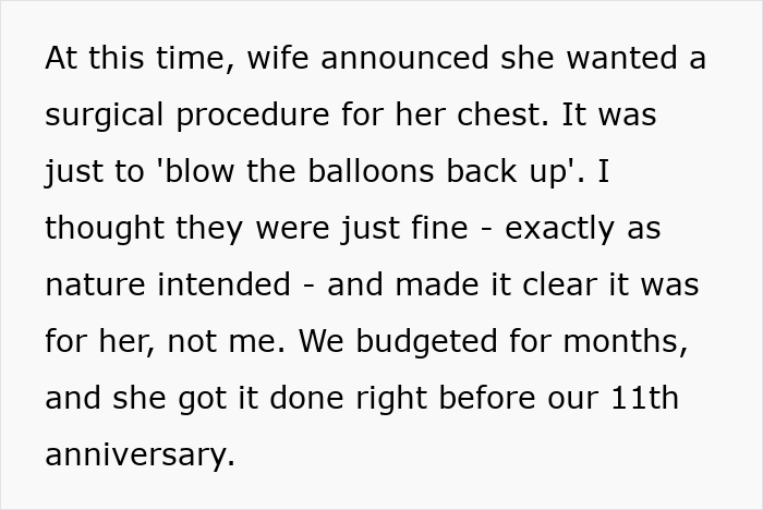Text describing a wife’s cosmetic upgrade with breast surgery causing husband to spiral amid infidelity concerns. Text describing a wife’s cosmetic upgrade with breast surgery causing husband to spiral amid infidelity concerns.