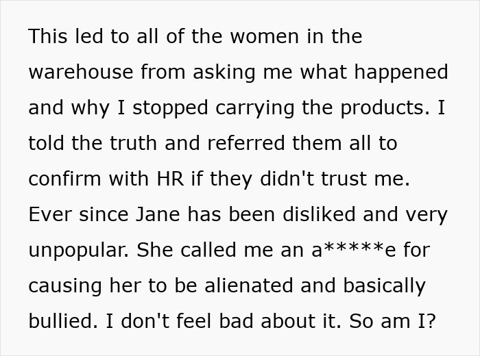 Text excerpt describing workplace conflict where a man turns coworkers against a woman who reported him to HR.