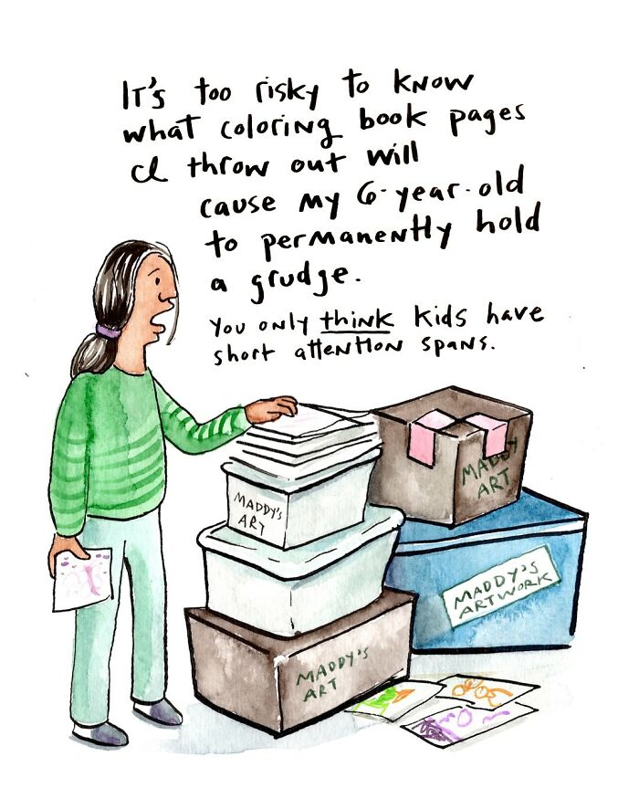 Comic illustration by Dana Jeri Maier showing a woman humorously trying to fit into a skirt, highlighting modern life humor.