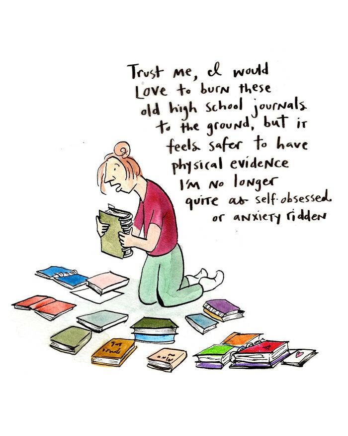 Comic illustration by Dana Jeri Maier showing a woman humorously trying to fit into a skirt, highlighting modern life humor.