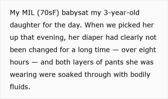 Woman horrified as MIL babysitting failed to change toddler's diaper for over eight hours, leading to soaked clothing and ban on visits.