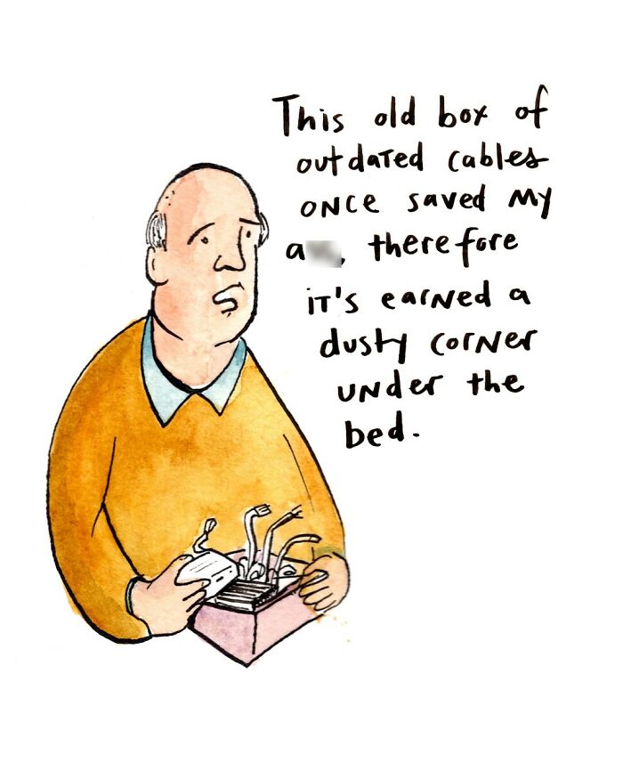 Comic illustration by Dana Jeri Maier showing a woman humorously trying to fit into a skirt, highlighting modern life humor.