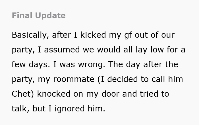 Text excerpt revealing a guy suspecting his girlfriend of cheating with his roommate and how he exposes them.
