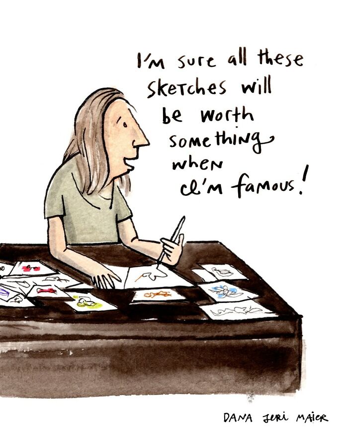 Comic illustration by Dana Jeri Maier showing a woman humorously trying to fit into a skirt, highlighting modern life humor.