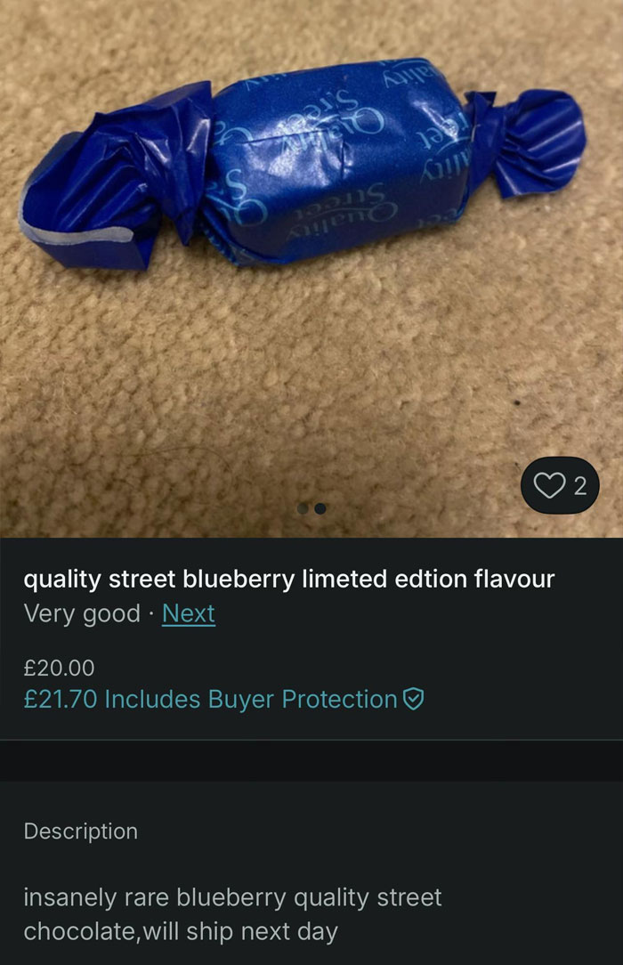 Single blueberry Quality Street candy wrapped in blue foil, featured in a unique Vinted listing viral for Dior handbag.