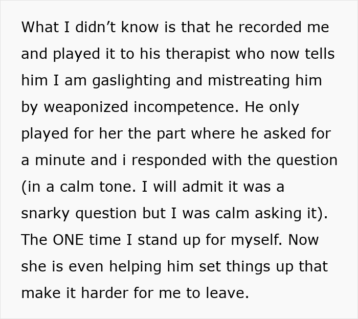 Text describing gaslighting and weaponized incompetence in a troubled marriage where the wife tries to escape.