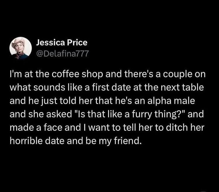 Social media post humorously calling out toxic masculinity and patriarchy during a coffee shop first date conversation.