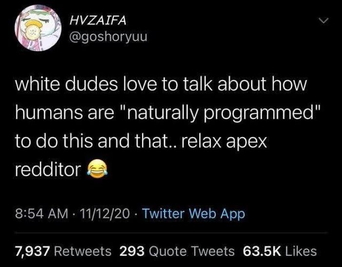 Tweet calling out patriarchal views on human behavior with feminist posts challenging the patriarchy and social norms.