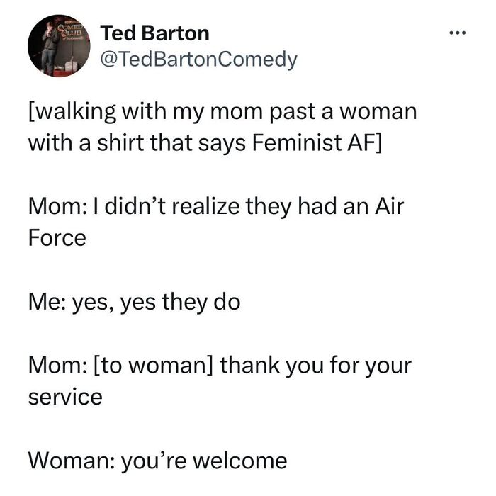 Tweet exchange showing a humorous feminist post calling out the patriarchy with a clever Air Force shirt joke.
