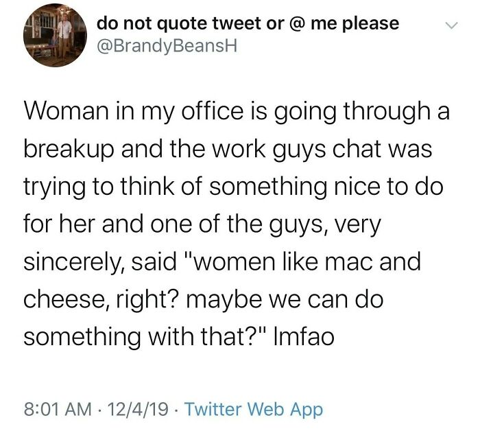 Tweet showing workplace support for a woman during breakup, highlighting feminist posts challenging the patriarchy with humor and sincerity.