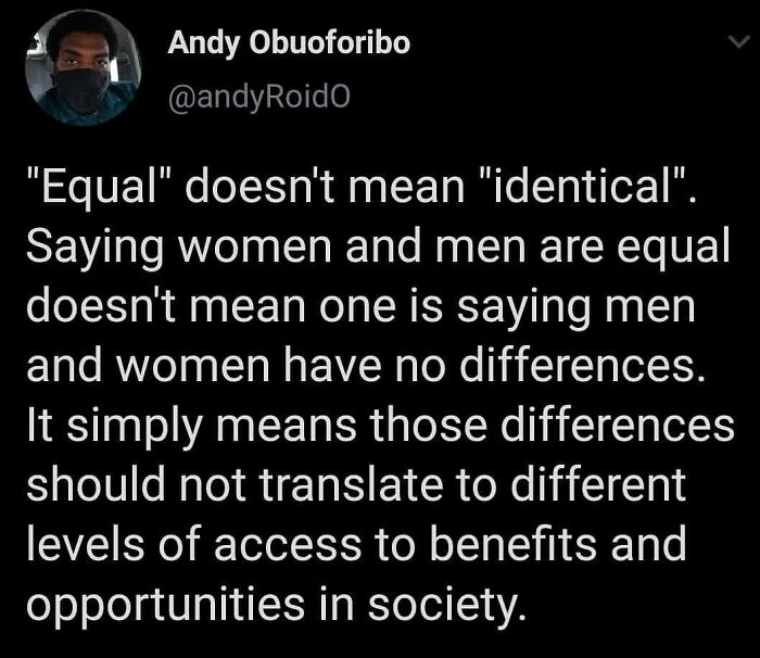 Screenshot of a social media post discussing gender equality and feminist views calling out the patriarchy.