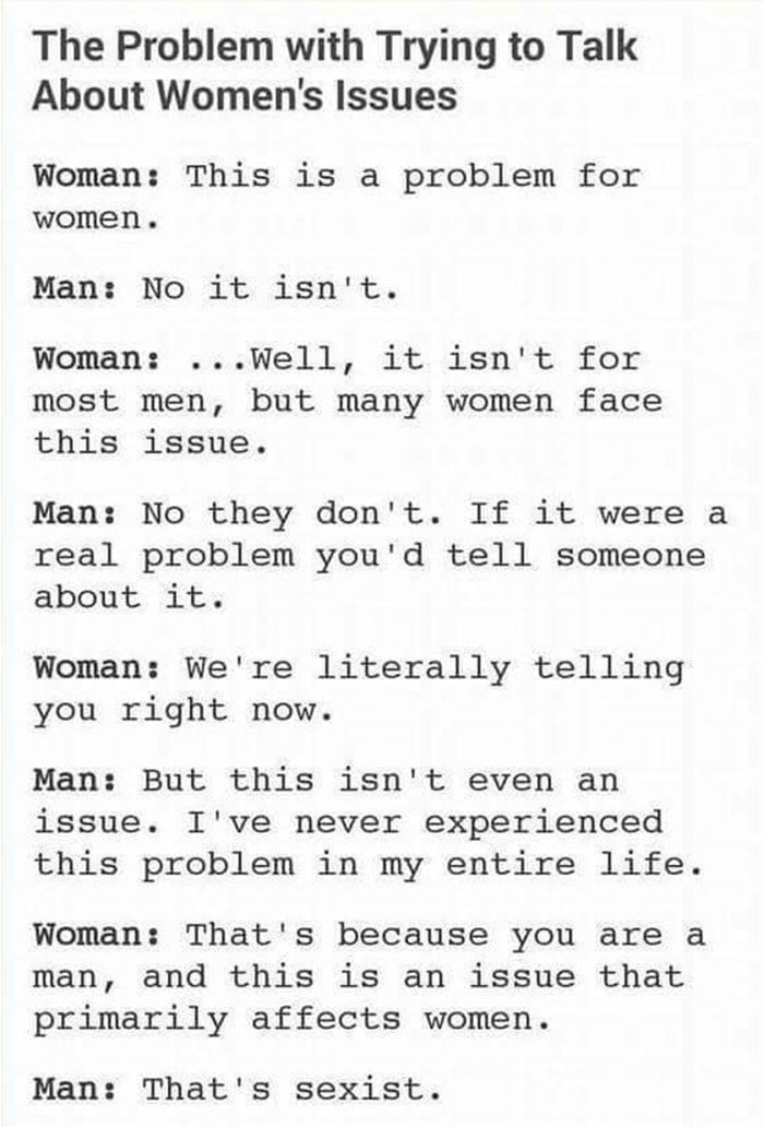 Conversation highlighting the problem with discussing women's issues, calling out patriarchy and sexism in feminist posts.