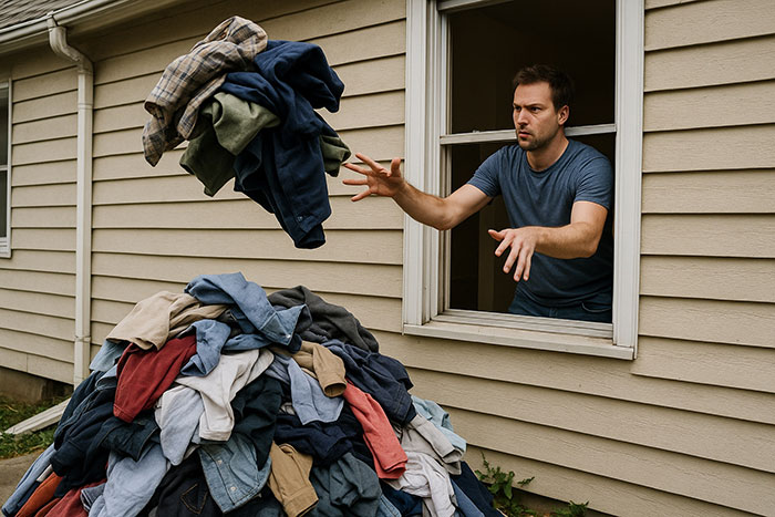 Adult man breaks off engagement, tossing clothes out a window onto a pile beside the house, looking upset