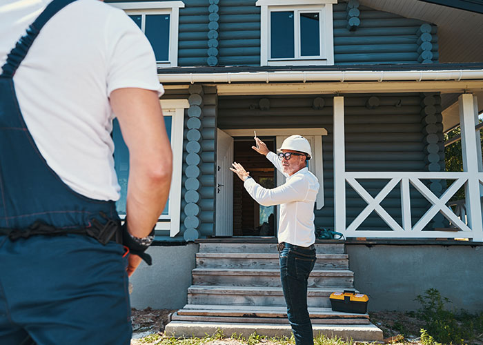Man in hard hat showing a newly bought house to a worker, illustrating buying a house as the easiest part.