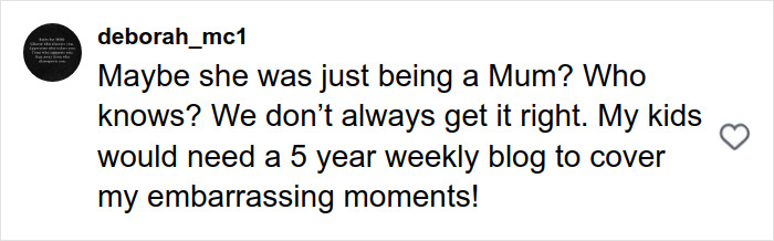 Comment discussing parenting moments and embarrassment, shared in response to footage of Victoria Beckham.