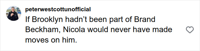 Comment on Instagram discussing Brooklyn Beckham and Brand Beckham, related to footage of Victoria Beckham dancing.