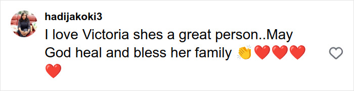 Screenshot of a social media comment praising Victoria Beckham and sending blessings to her and her family with heart emojis.