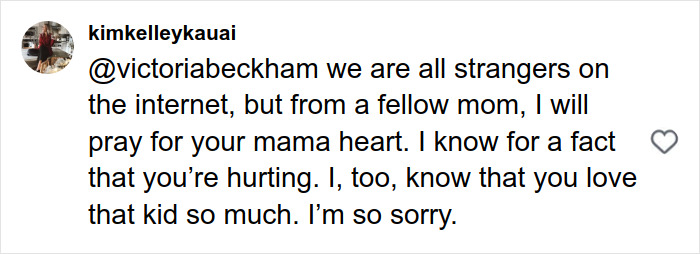 Comment on Instagram from user kimkelleykauai expressing sympathy to Victoria Beckham amid dance controversy.