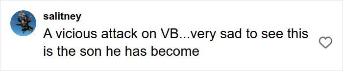 A social media comment reacting to footage of Victoria Beckham after Brooklyn accused her of inappropriate dance behavior.