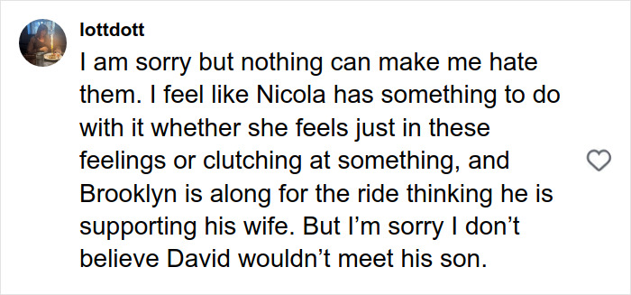 Comment discussing family dynamics related to Victoria Beckham footage and Brooklyn&rsquo;s dance accusation.