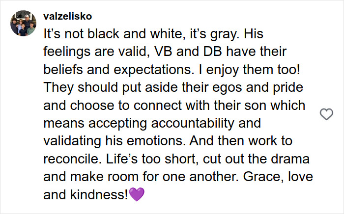 Social media comment discussing feelings and accountability amid footage of Victoria Beckham after Brooklyn's dance accusation.