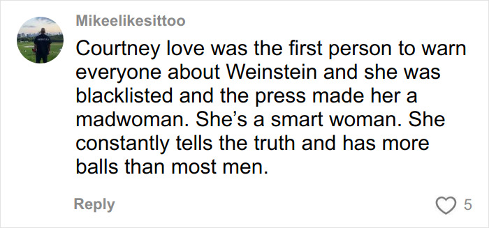 Screenshot of a social media comment discussing Courtney Love and referencing evidence about Kurt Cobain&rsquo;s passing not being self-inflicted.