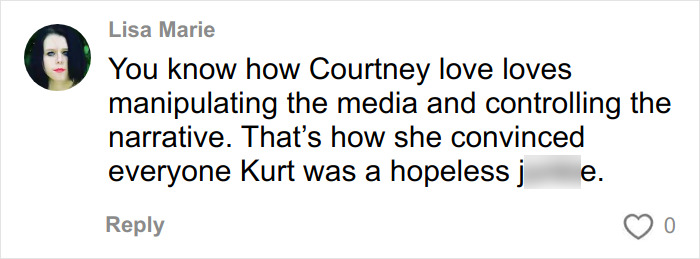 Comment by Lisa Marie discussing media manipulation and narrative control related to Kurt Cobain&rsquo;s passing evidence in forensics debate.