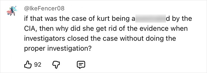 Screenshot of a social media comment questioning the handling of evidence in Kurt Cobain's passing investigation by forensics experts.