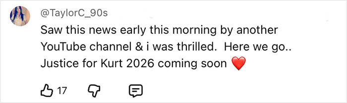 Social media comment expressing excitement about upcoming justice for Kurt Cobain in 2026 with a heart emoji.