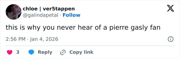 Social media post criticizing F1 star Pierre Gasly amid backlash over Michael Schumacher tribute controversy.