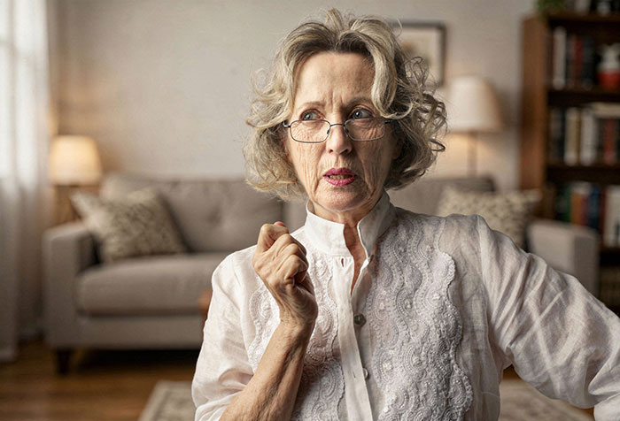 Older woman wearing glasses in a living room, looking concerned and serious, related to mil refuse baby name issue.
